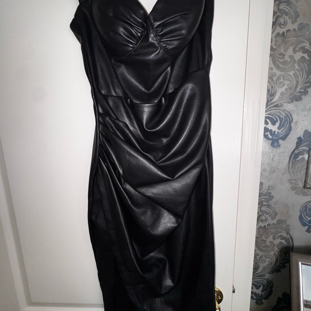 Strapless Black Faux Leather Draped Midi Dress